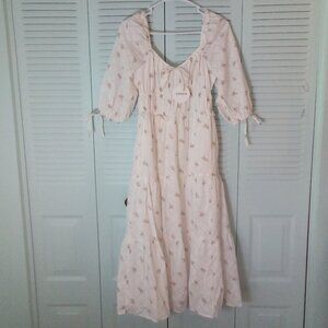 NWT STORIA DITSY FLORAL TIERED GATHERED BUST WAIST PUFF SLEEVES V-NECK ZIP BACK